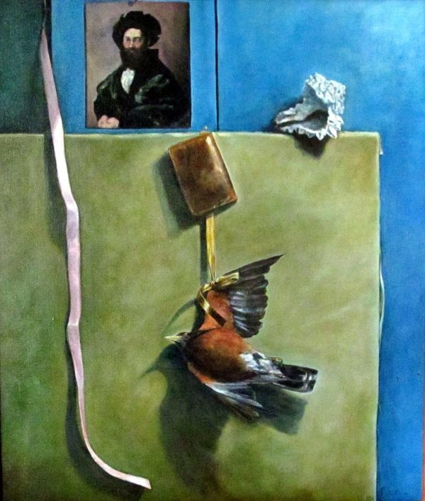 Robin with Ribbon, oil on linen, 28&quot;x24&quot;
