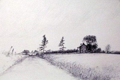 Tokaido#15, &quot;Russell Ike&#039;s Farm Looking West&quot;, ball point pen, 12&quot;x18&quot;